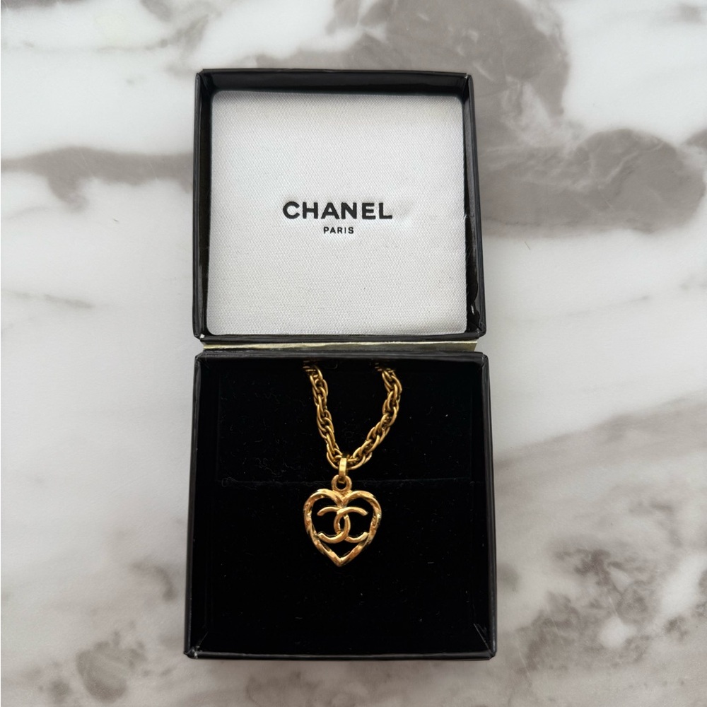 Chanel Vintage Heart Shape CC Logo Cut Out Pendant  Necklace